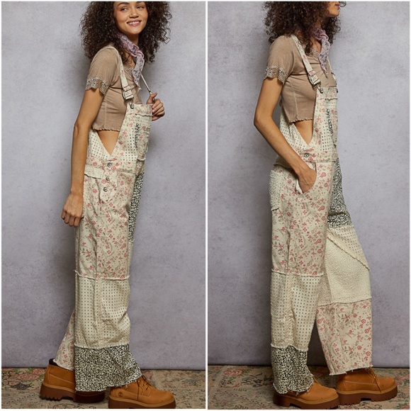 POL Floral leopard Print Frayed Detail Wide Leg Denim Jean overalls Bibs - Picture 2 of 2